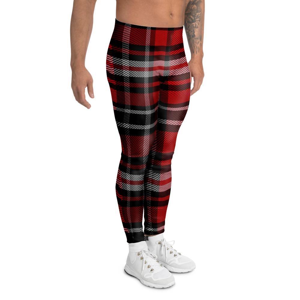 Red Plaid Tartan Print Men's Leggings-grizzshop