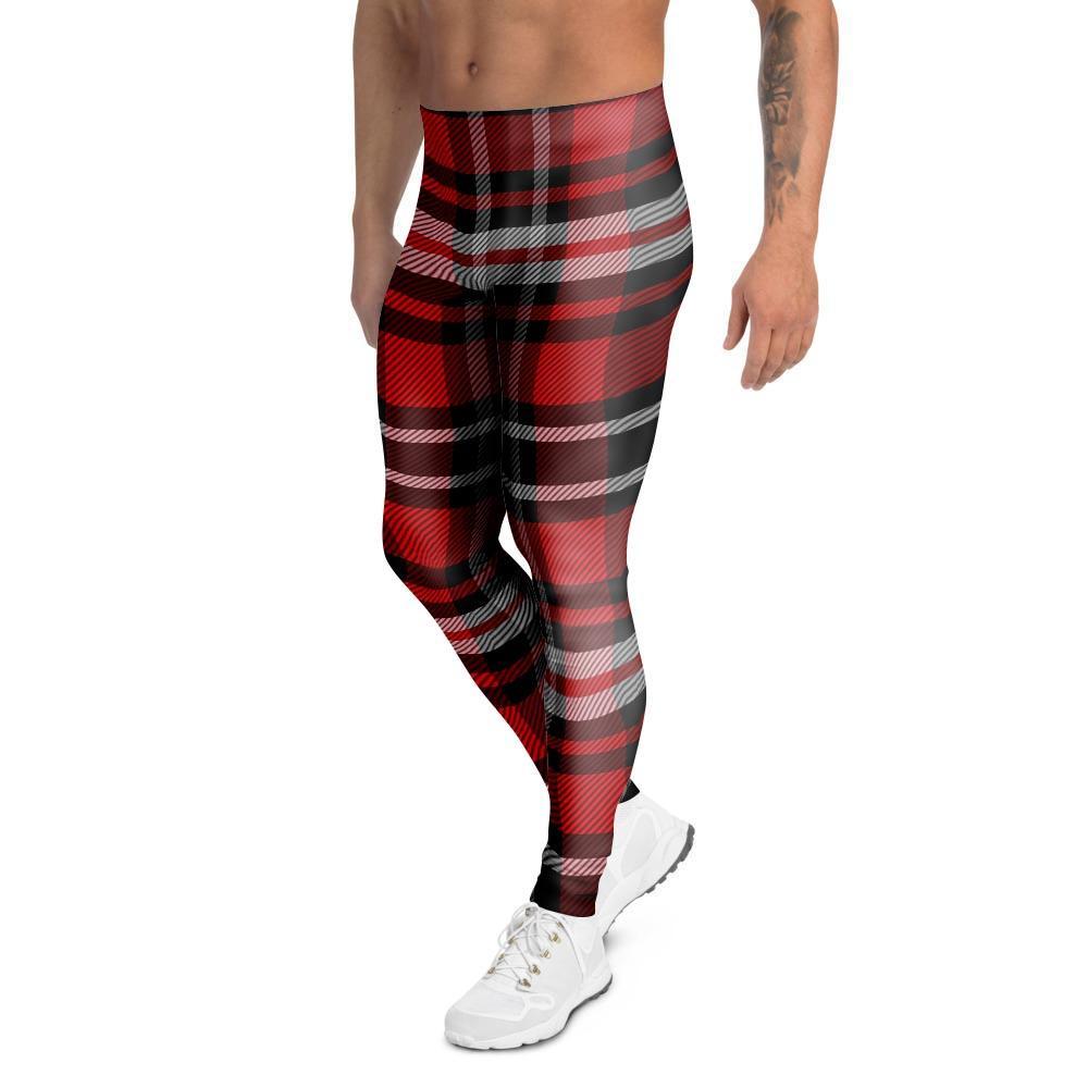 Red Plaid Tartan Print Men's Leggings-grizzshop