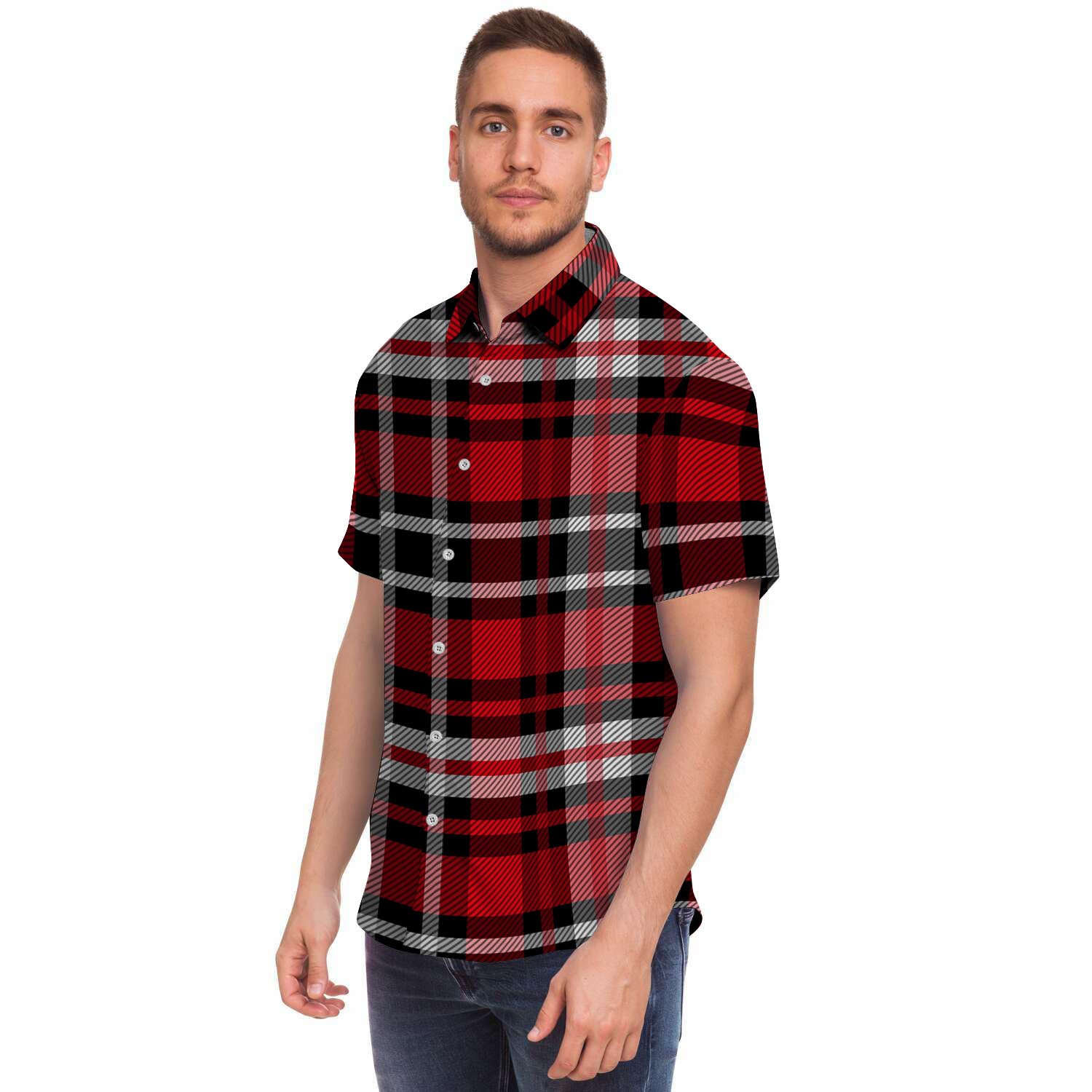 Red Plaid Tartan Print Men's Short Sleeve Shirt-grizzshop