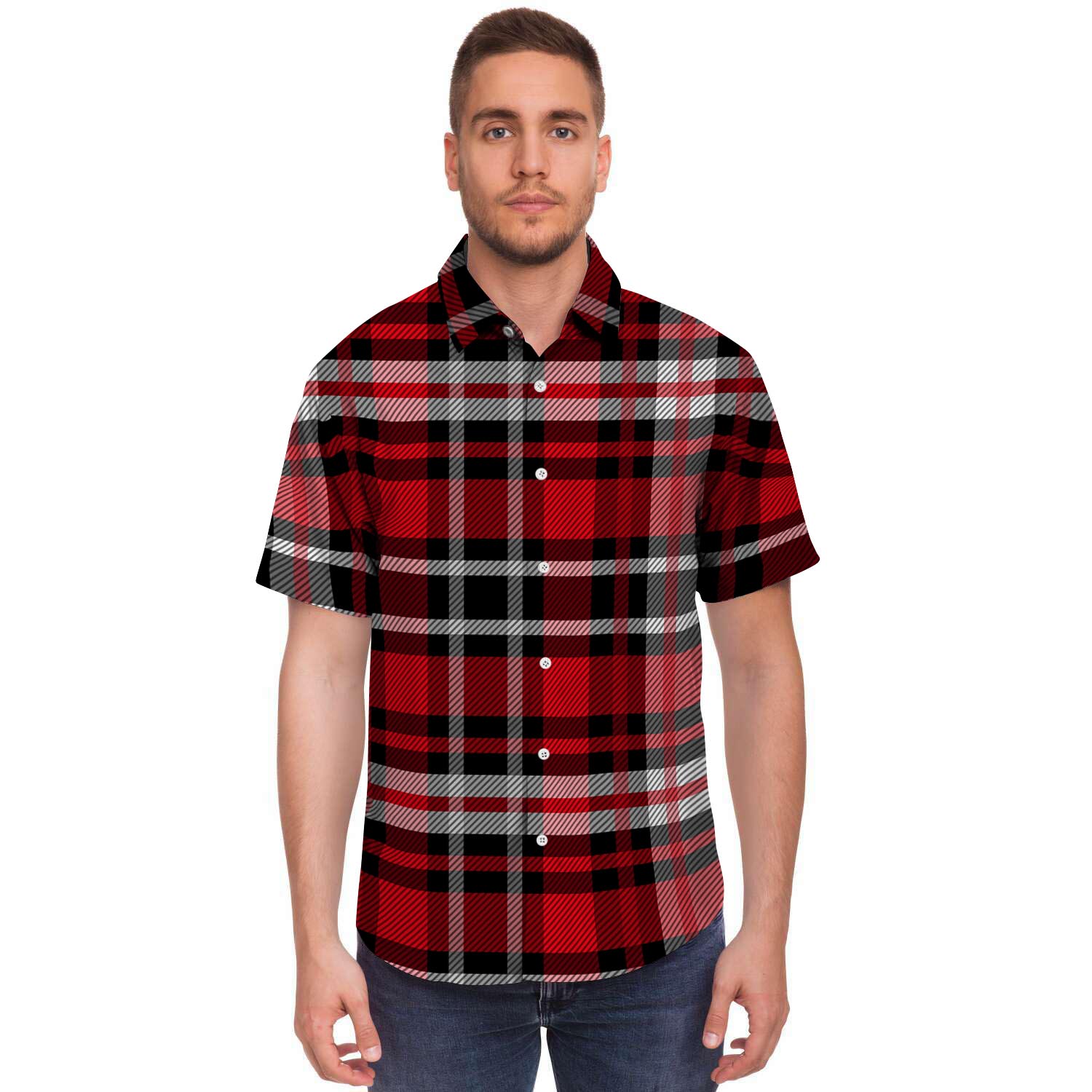 Red Plaid Tartan Print Men's Short Sleeve Shirt-grizzshop