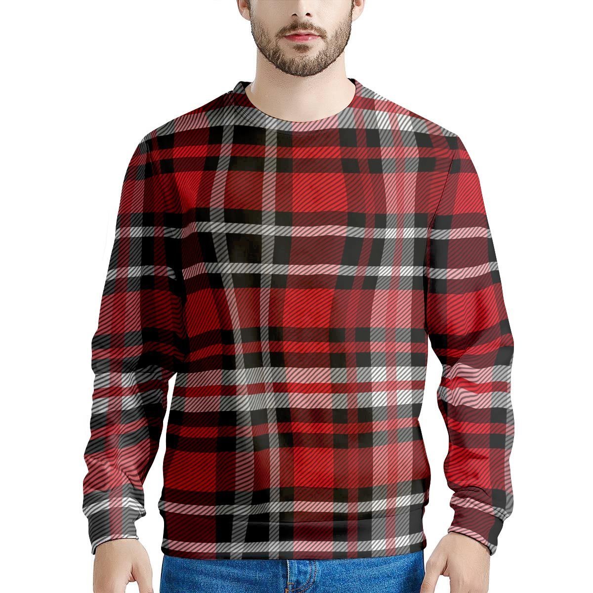 Red Plaid Tartan Print Men's Sweatshirt-grizzshop