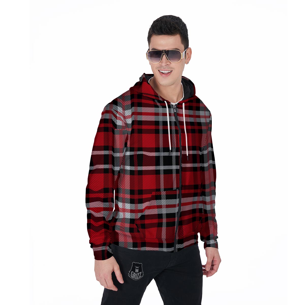 Red Plaid Tartan Print Men's Zip Up Hoodie-grizzshop