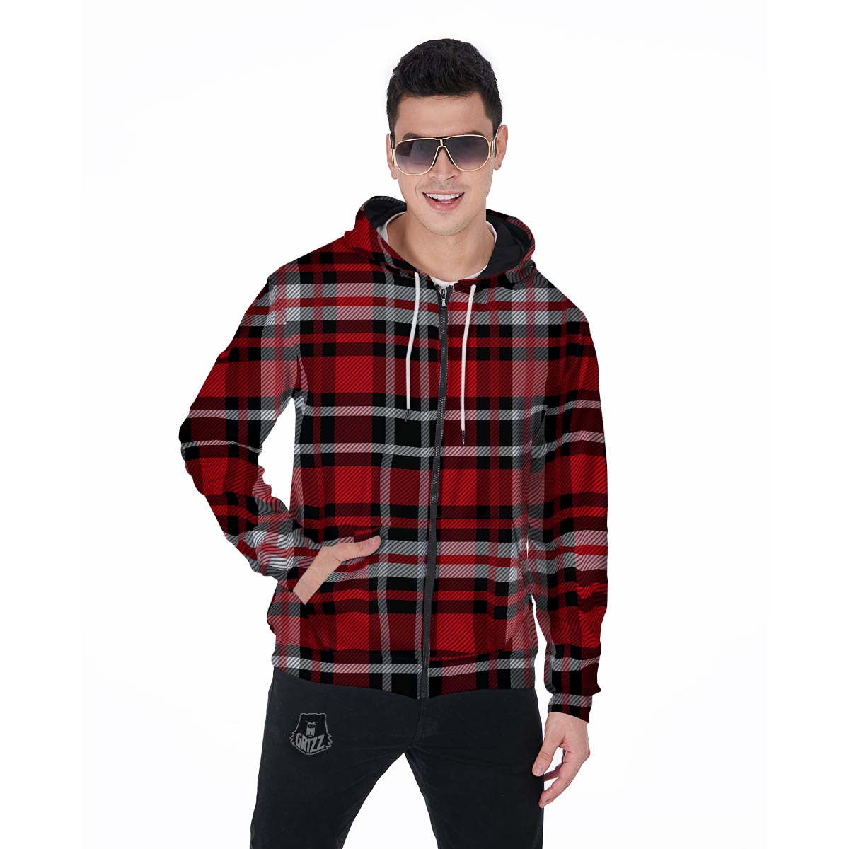 Red Plaid Tartan Print Men's Zip Up Hoodie-grizzshop