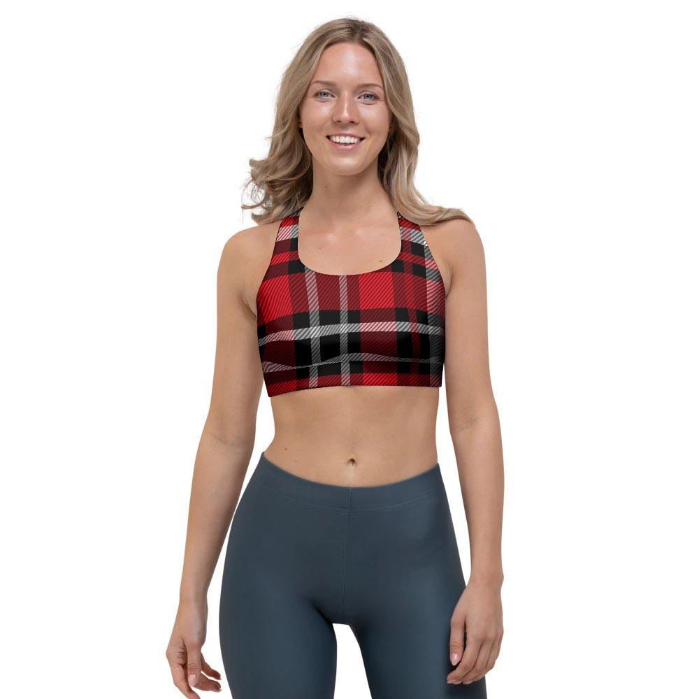 Red Plaid Tartan Print Sports Bra-grizzshop