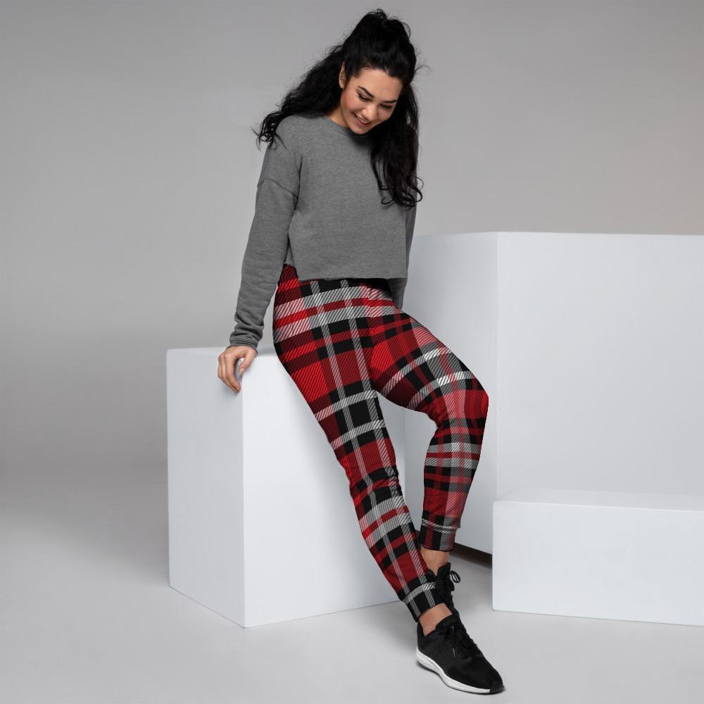 Red Plaid Tartan Print Women's Joggers-grizzshop