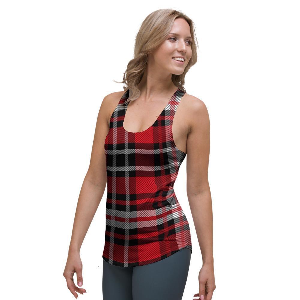 Red Plaid Tartan Print Women's Racerback Tank Top-grizzshop