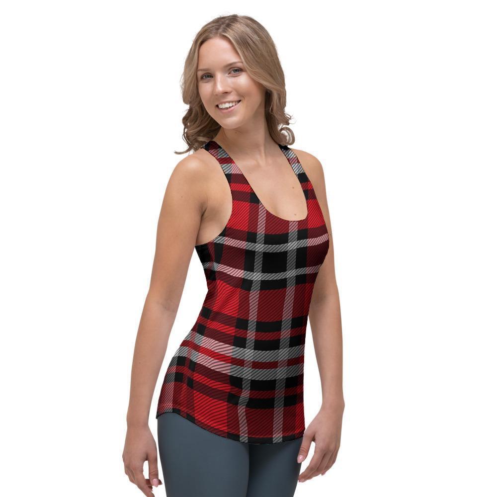 Red Plaid Tartan Print Women's Racerback Tank Top-grizzshop