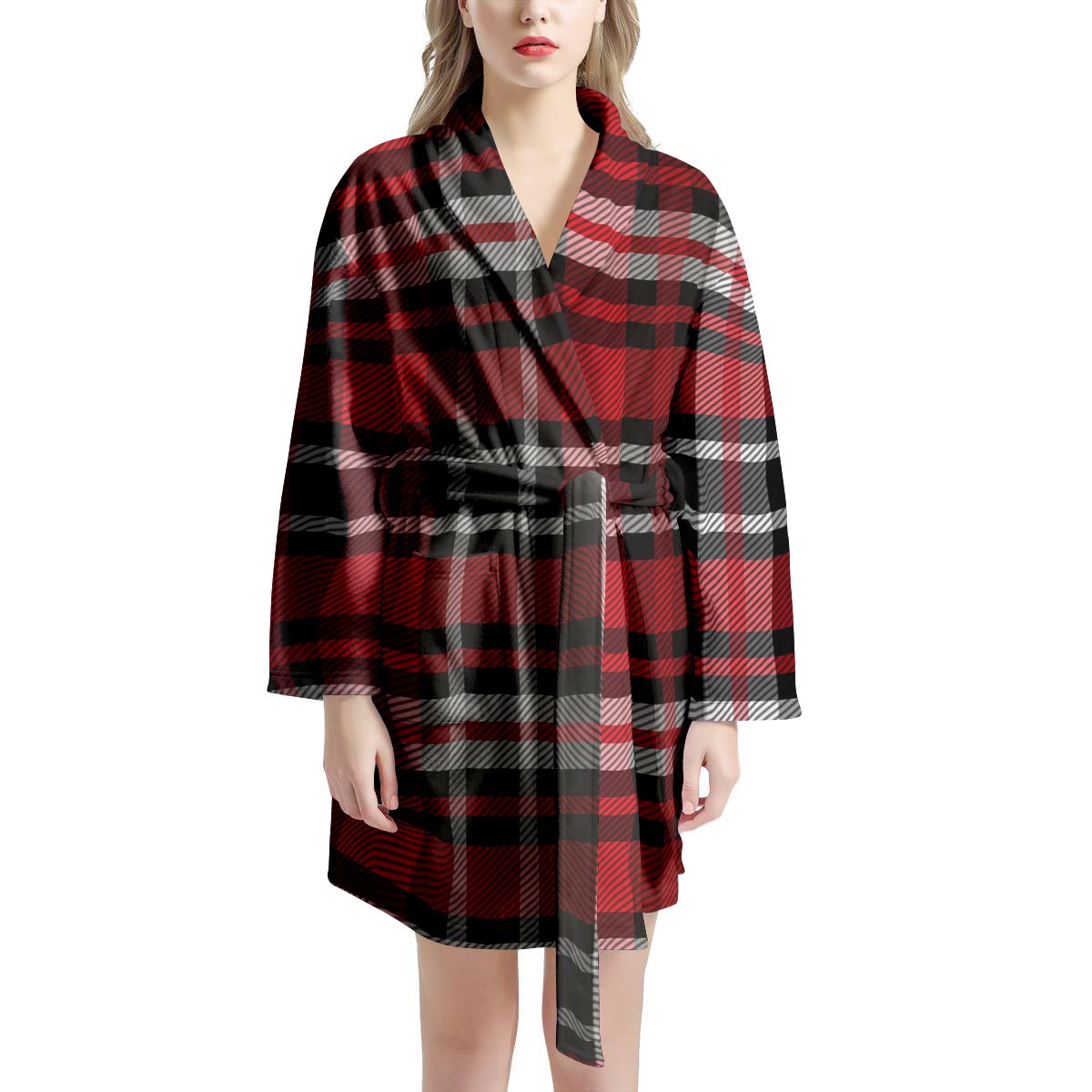 Red Plaid Tartan Print Women's Robe-grizzshop