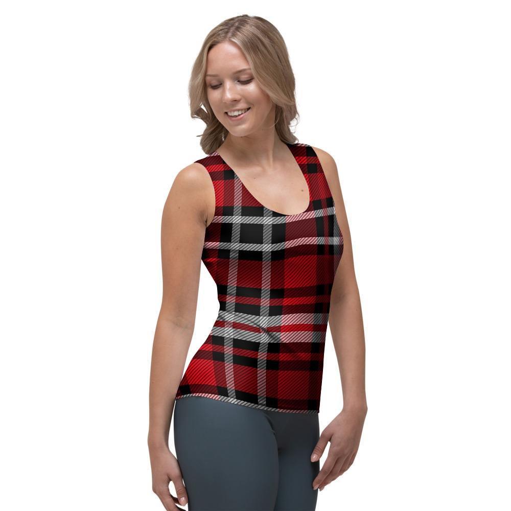 Red Plaid Tartan Print Women's Tank Top-grizzshop