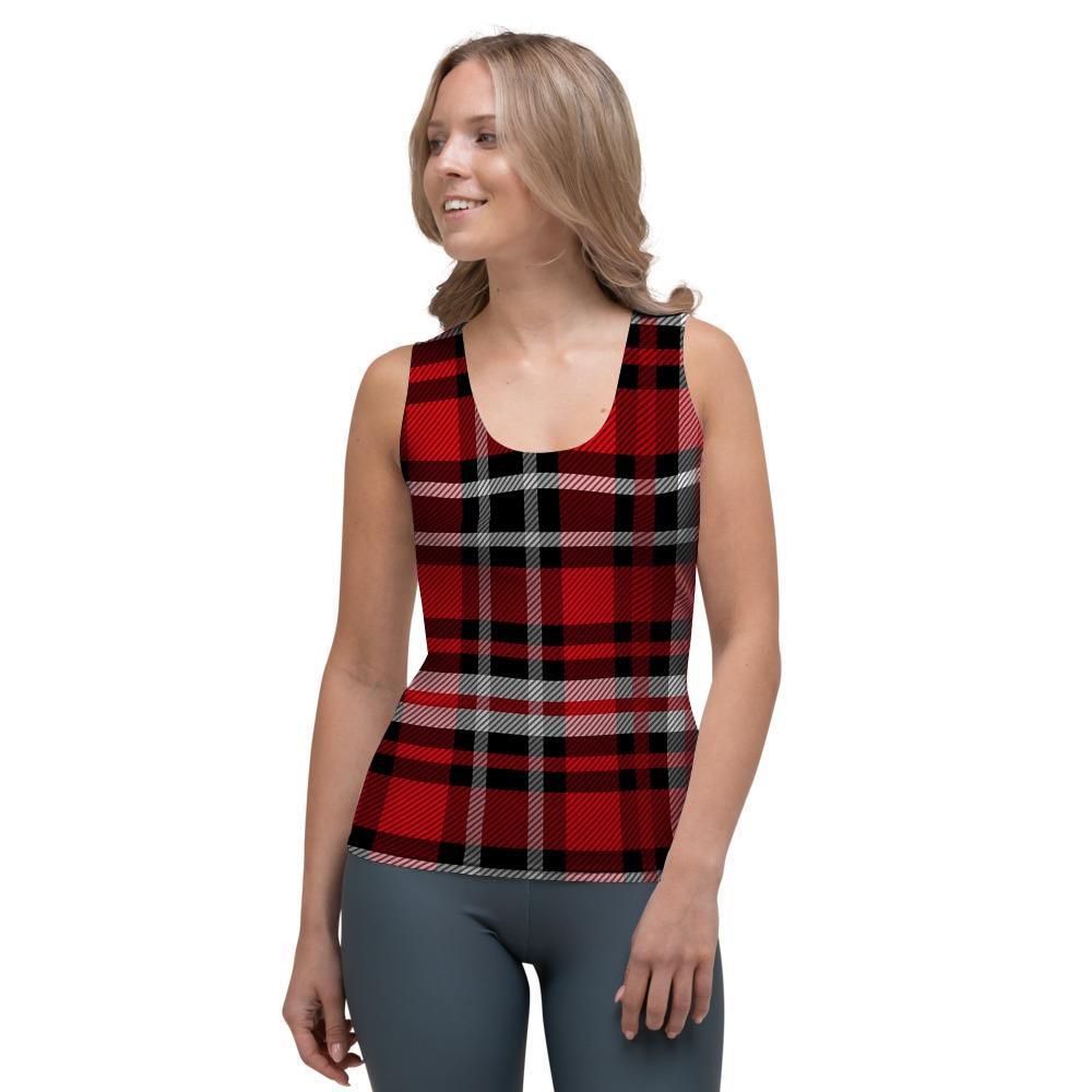 Red Plaid Tartan Print Women's Tank Top-grizzshop