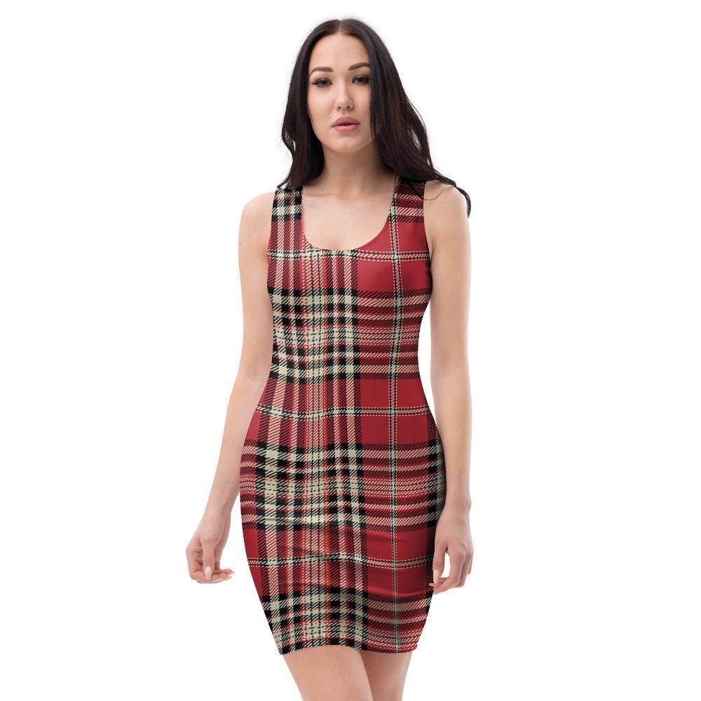 Red Plaid Tartan Scottish Bodycon Dress-grizzshop