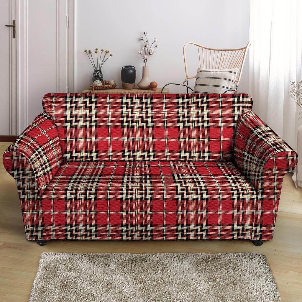 Red Plaid Tartan Scottish Loveseat Cover-grizzshop