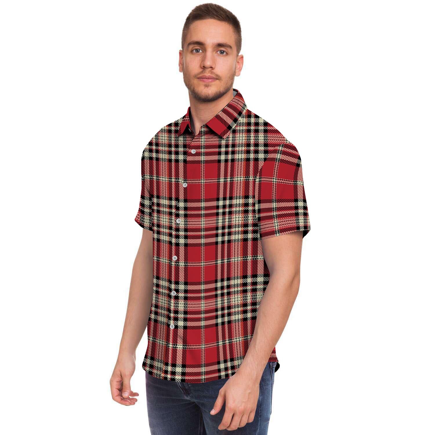 Red Plaid Tartan Scottish Men's Short Sleeve Shirt-grizzshop