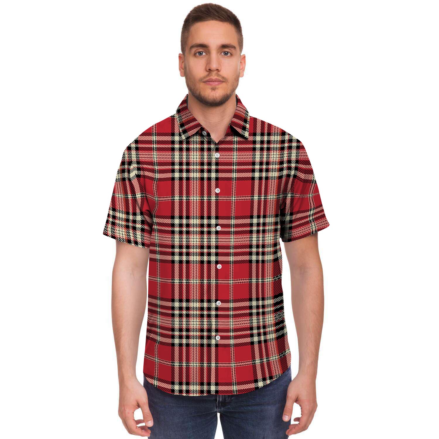 Red Plaid Tartan Scottish Men's Short Sleeve Shirt-grizzshop
