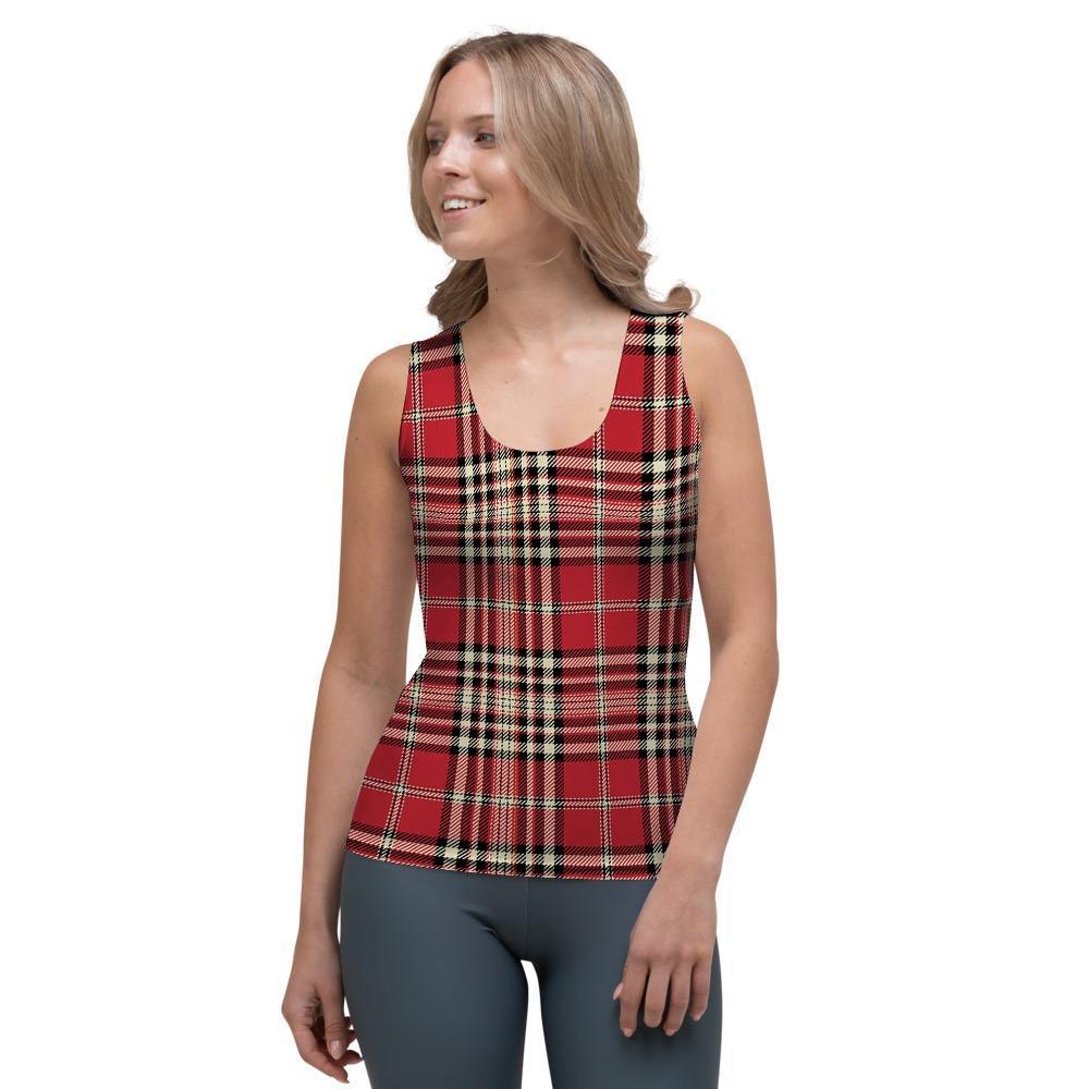 Red Plaid Tartan Scottish Women's Tank Top-grizzshop