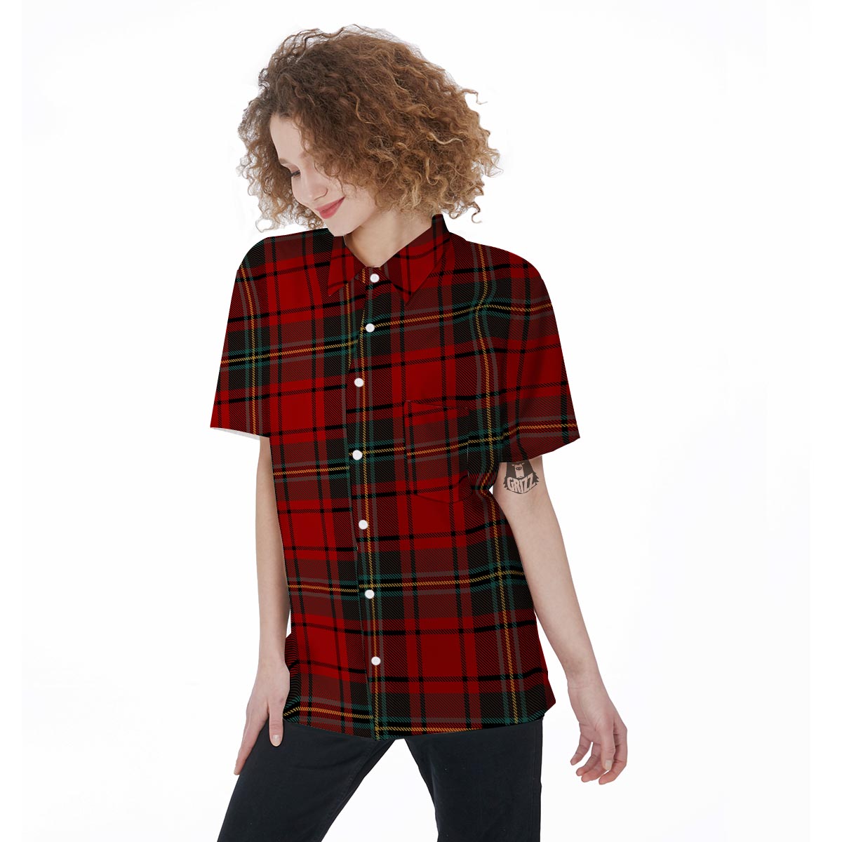 Red Plaid Tartan Women's Short Sleeve Shirts-grizzshop