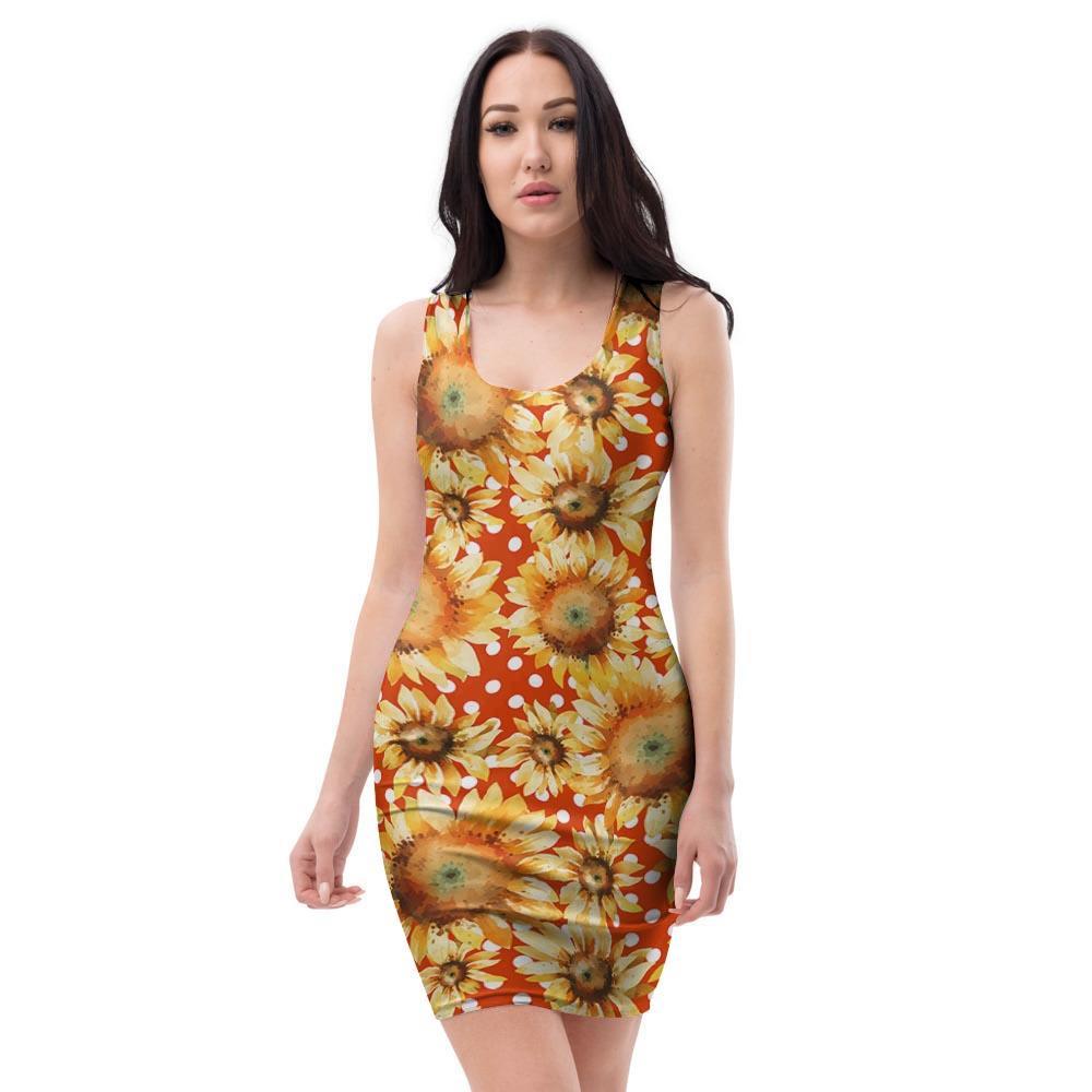 Red Polka Dot Sunflower Bodycon Dress-grizzshop