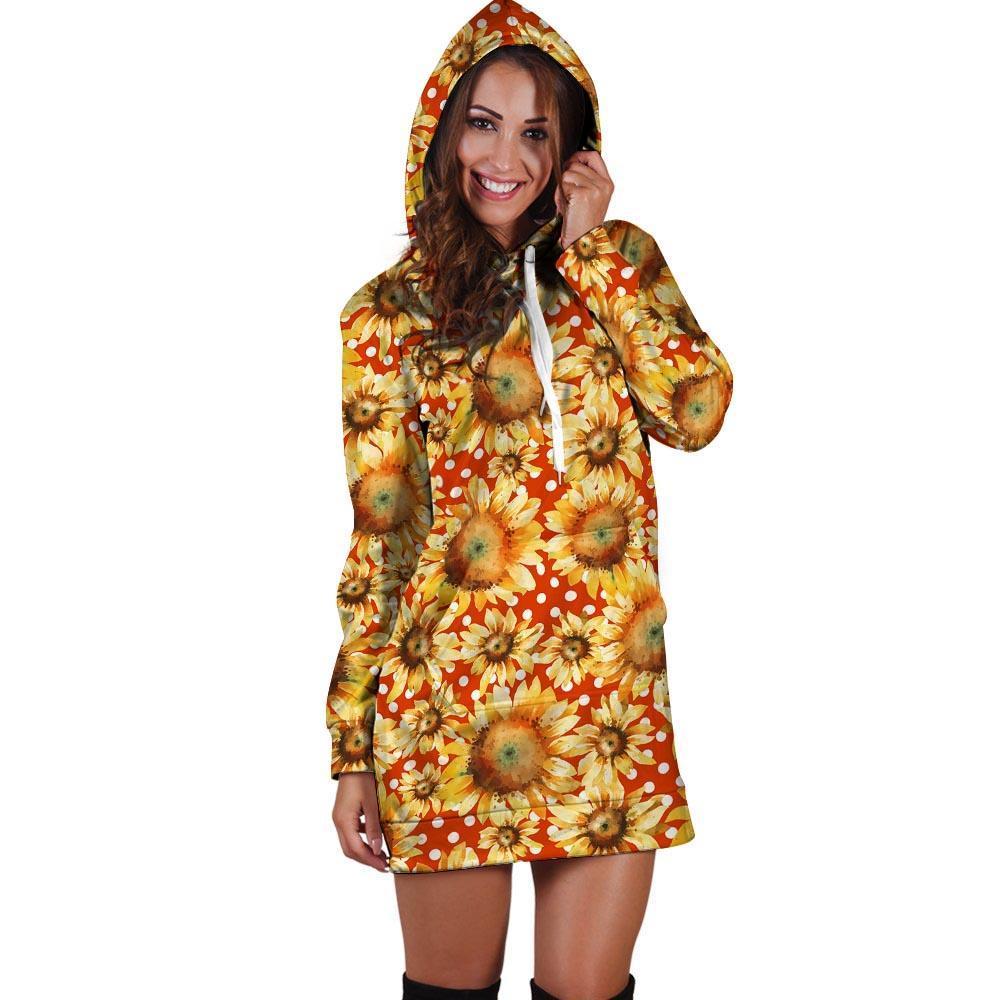 Red Polka Dot Sunflower Hoodie Dress-grizzshop