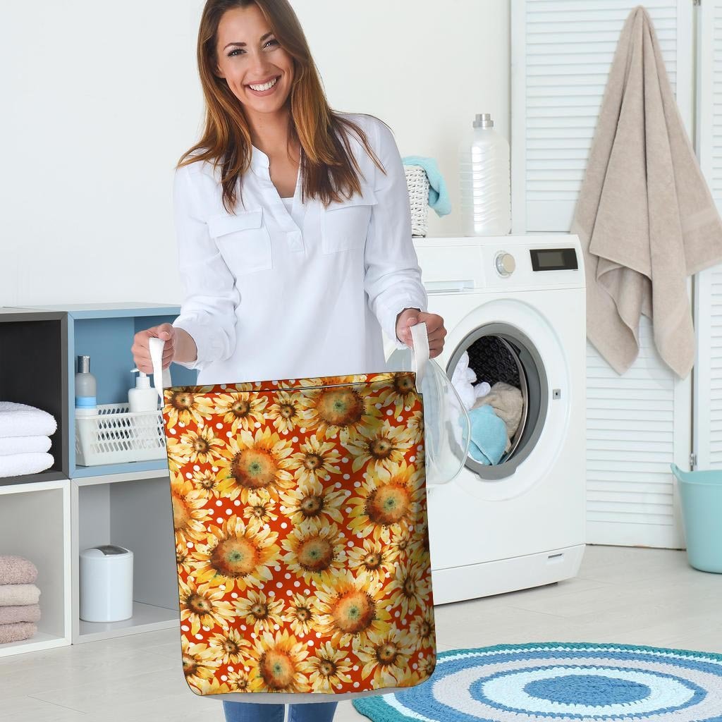 Red Polka Dot Sunflower Laundry Basket-grizzshop