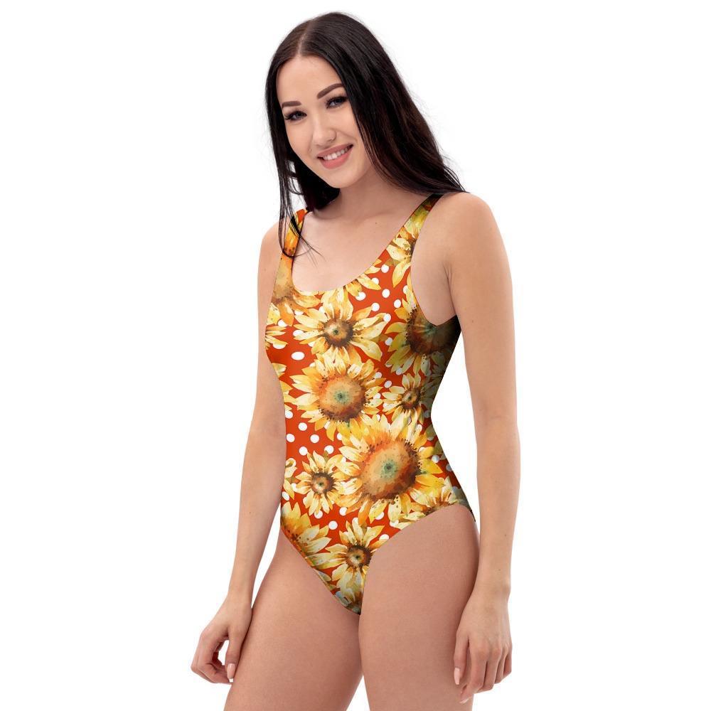 Red Polka Dot Sunflower One Piece Swimsuite-grizzshop