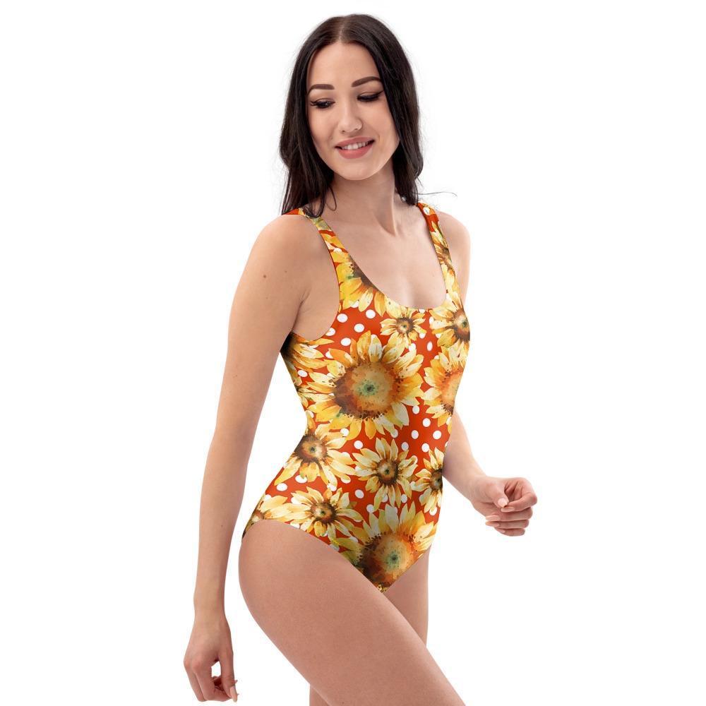 Red Polka Dot Sunflower One Piece Swimsuite-grizzshop