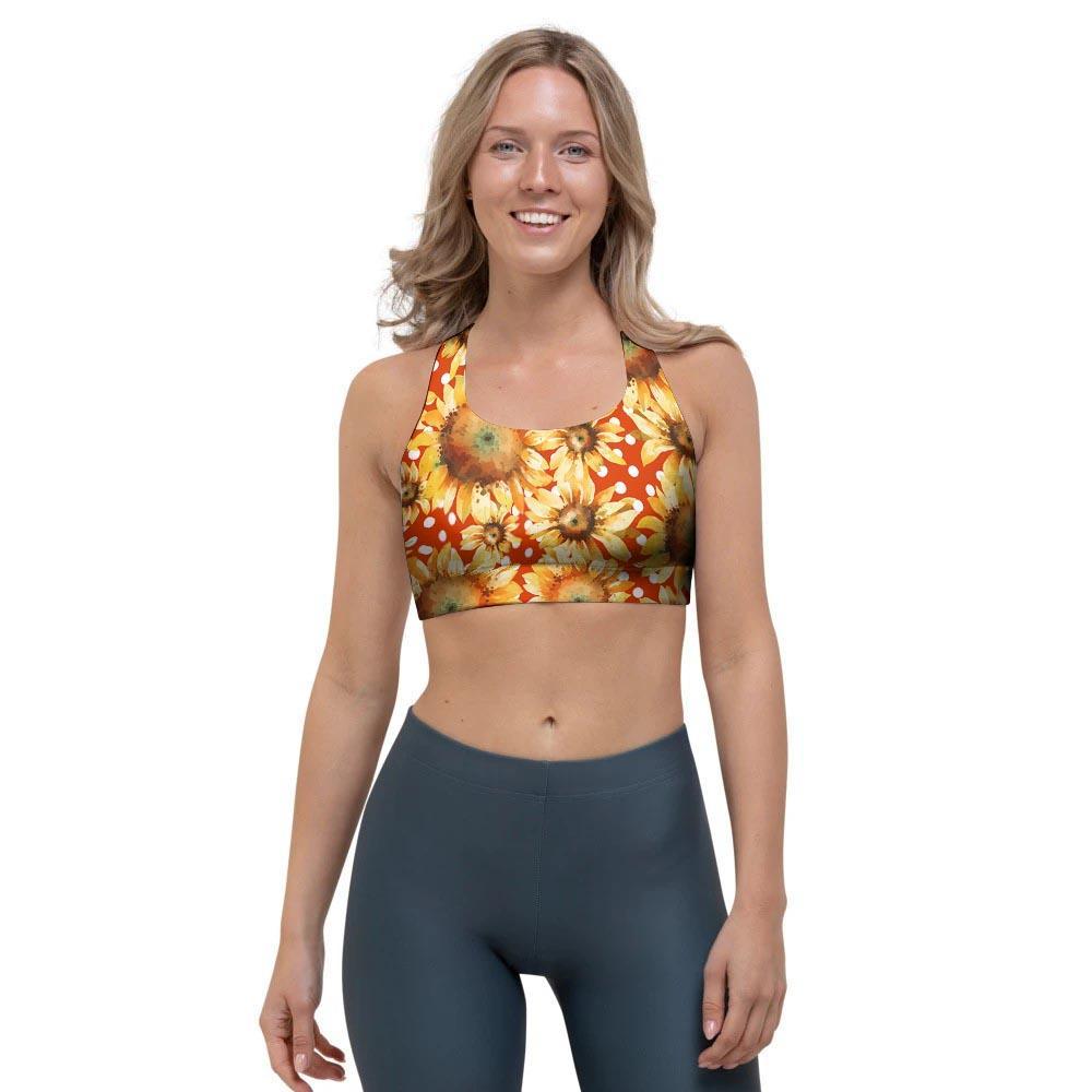 Red Polka Dot Sunflower Sports Bra-grizzshop