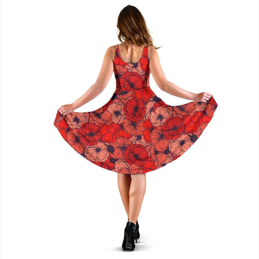 Red Poppy Floral Pattern Print Dress-grizzshop