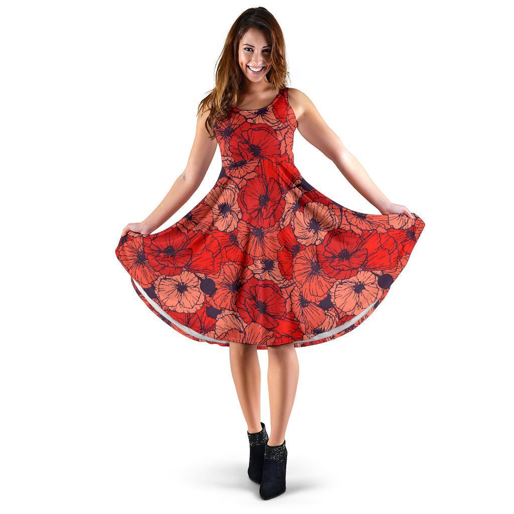 Red Poppy Floral Pattern Print Dress-grizzshop
