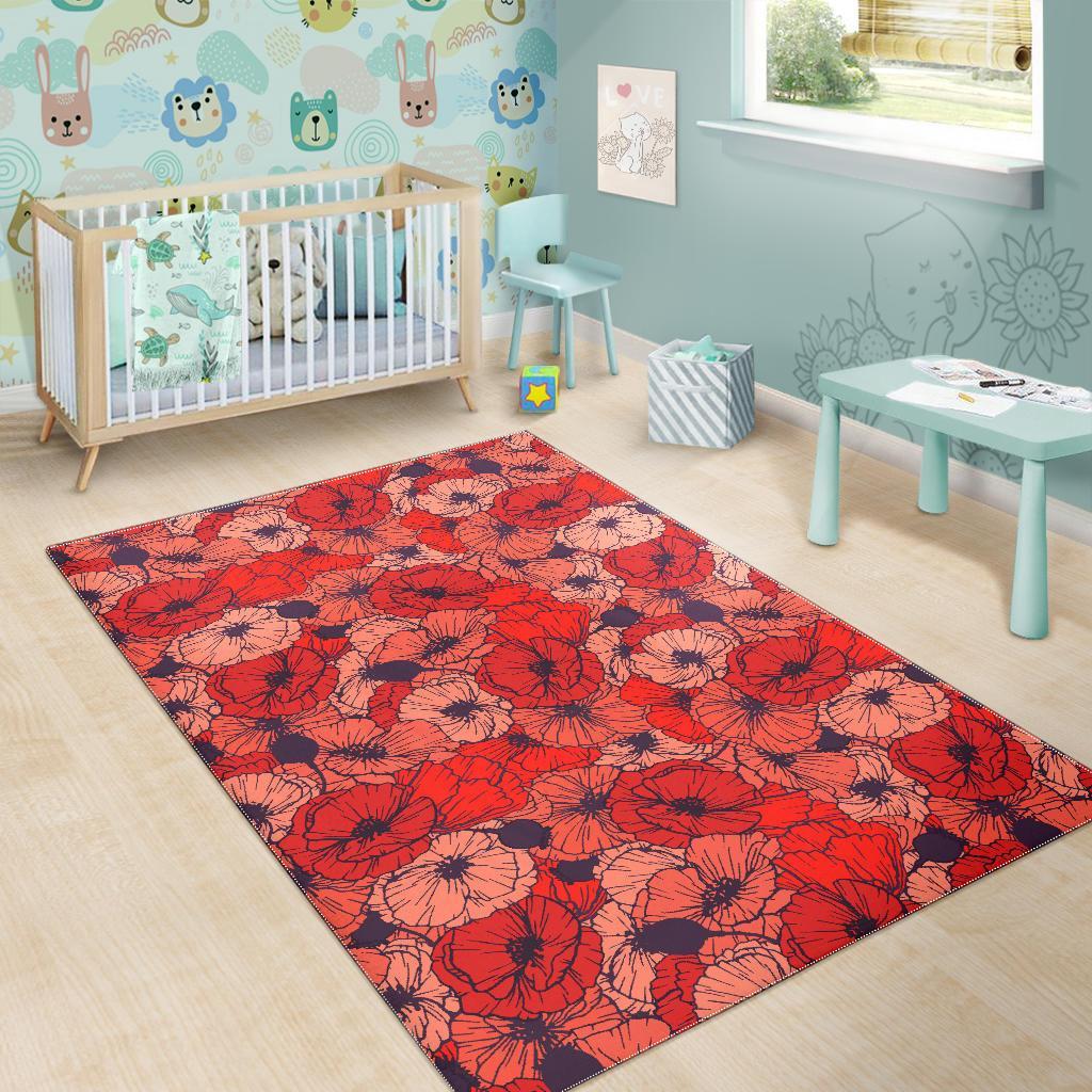 Red Poppy Floral Pattern Print Floor Mat-grizzshop