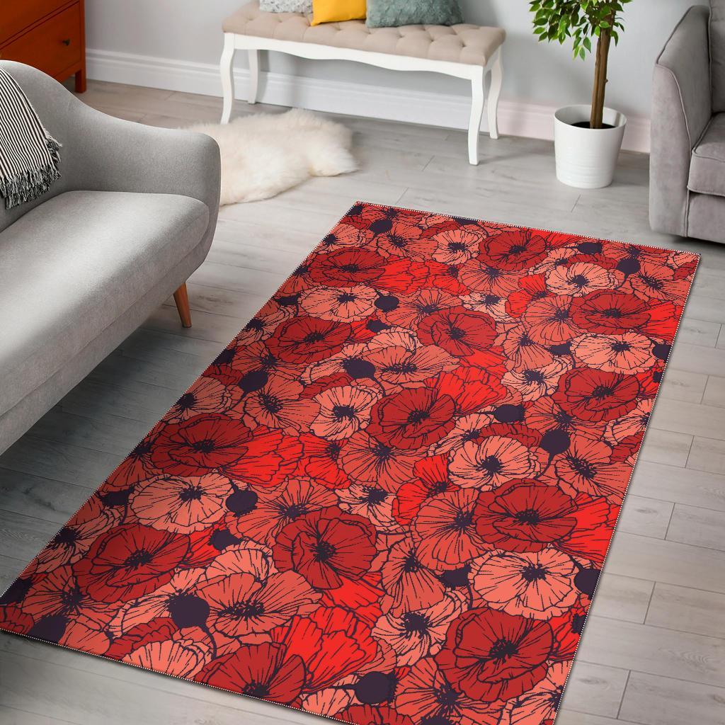 Red Poppy Floral Pattern Print Floor Mat-grizzshop