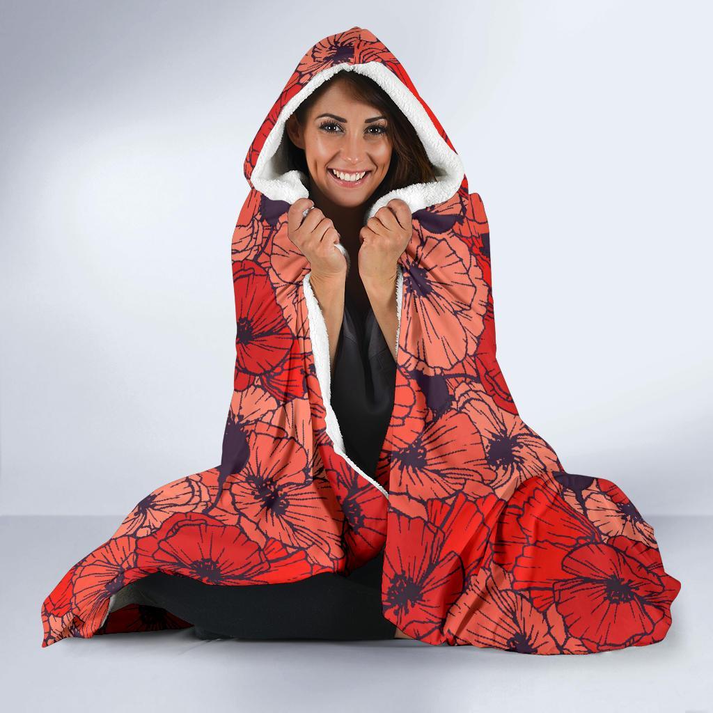 Red Poppy Floral Pattern Print Hooded Blanket-grizzshop