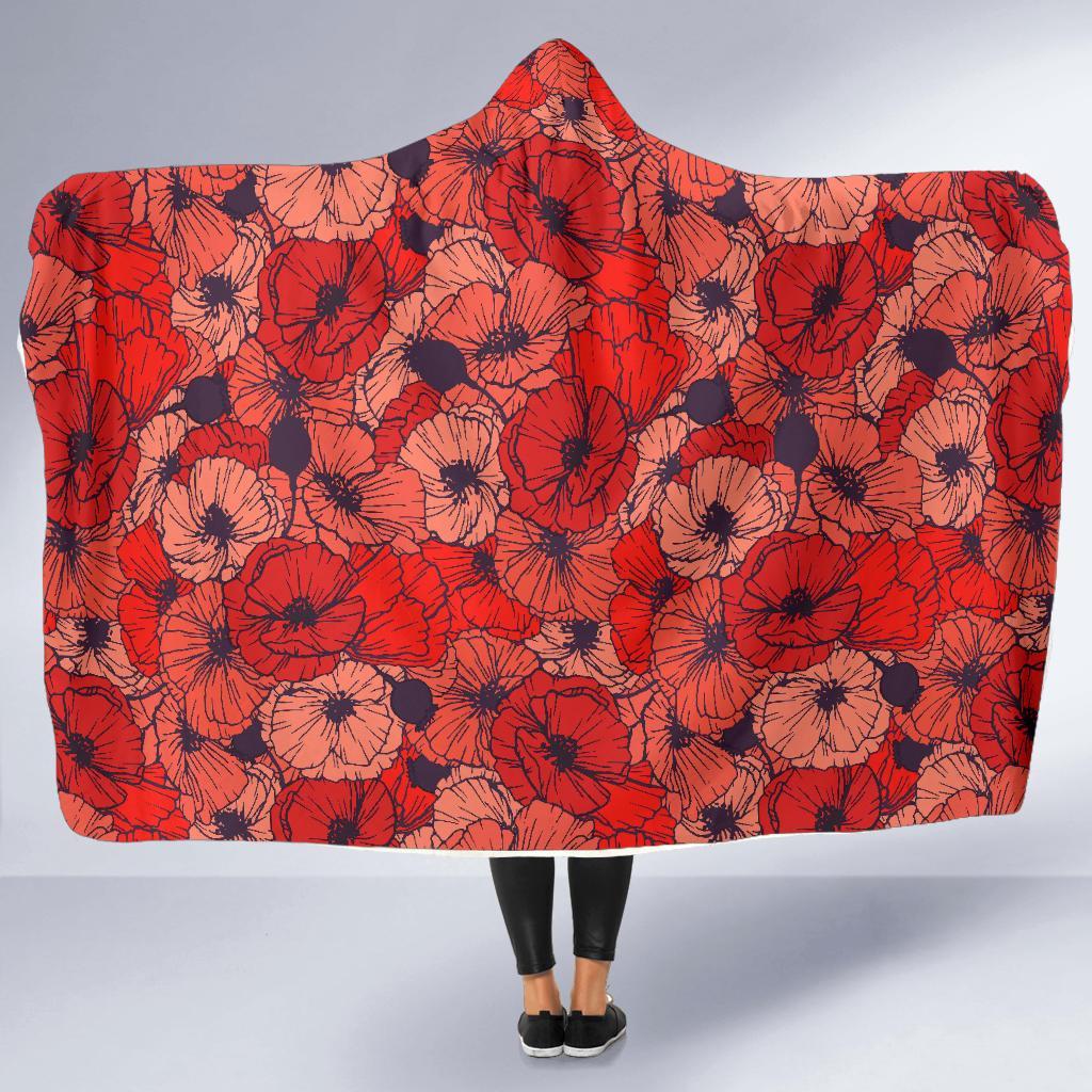 Red Poppy Floral Pattern Print Hooded Blanket-grizzshop