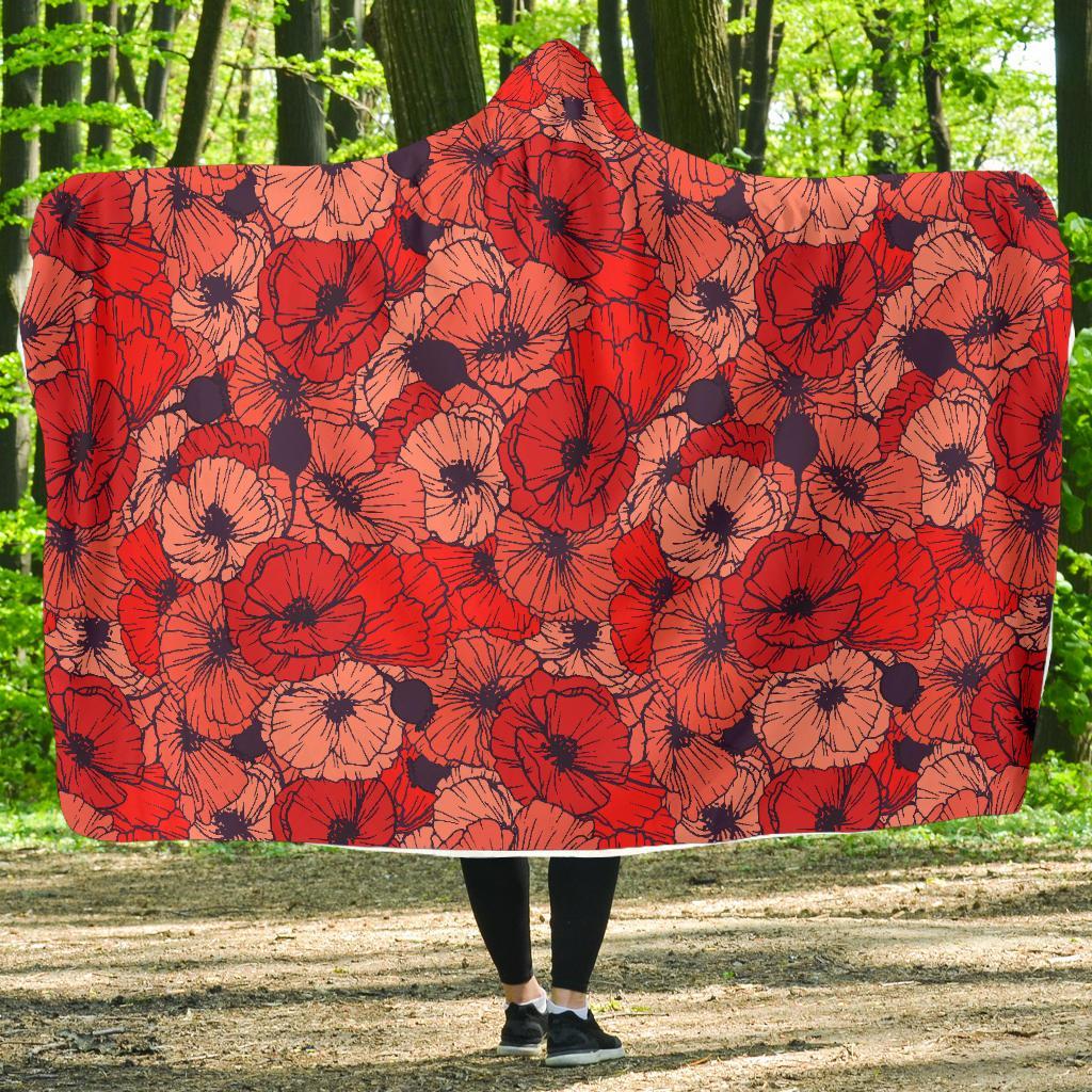 Red Poppy Floral Pattern Print Hooded Blanket-grizzshop