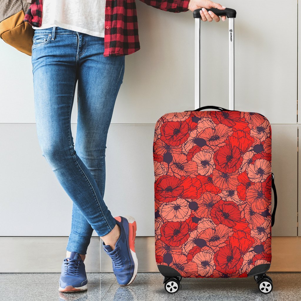 Red Poppy Floral Pattern Print Luggage Cover Protector-grizzshop