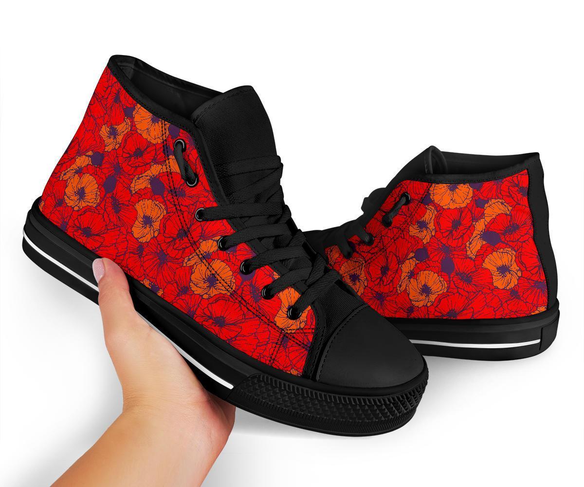 Red Poppy Floral Pattern Print Men Women's High Top Shoes-grizzshop