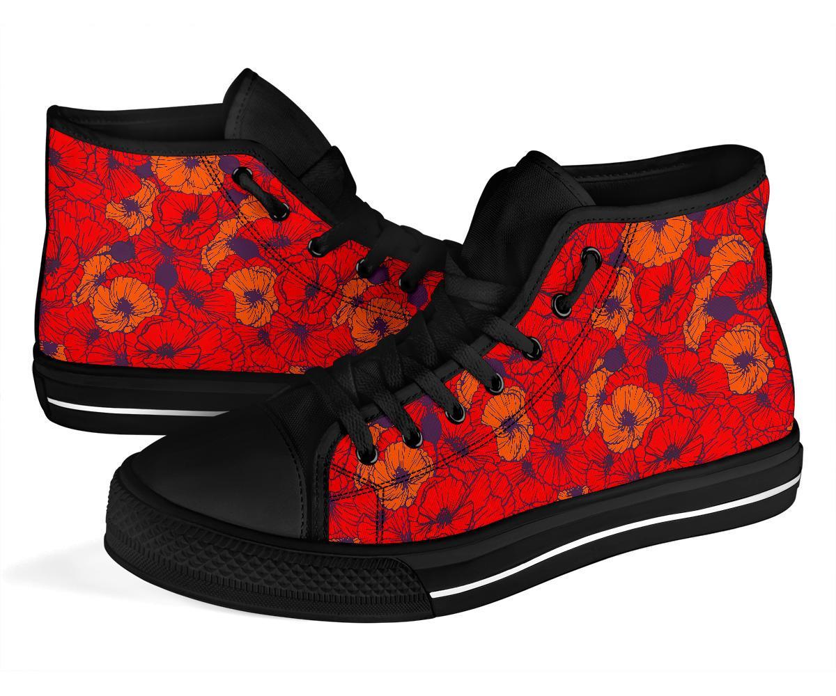 Red Poppy Floral Pattern Print Men Women's High Top Shoes-grizzshop