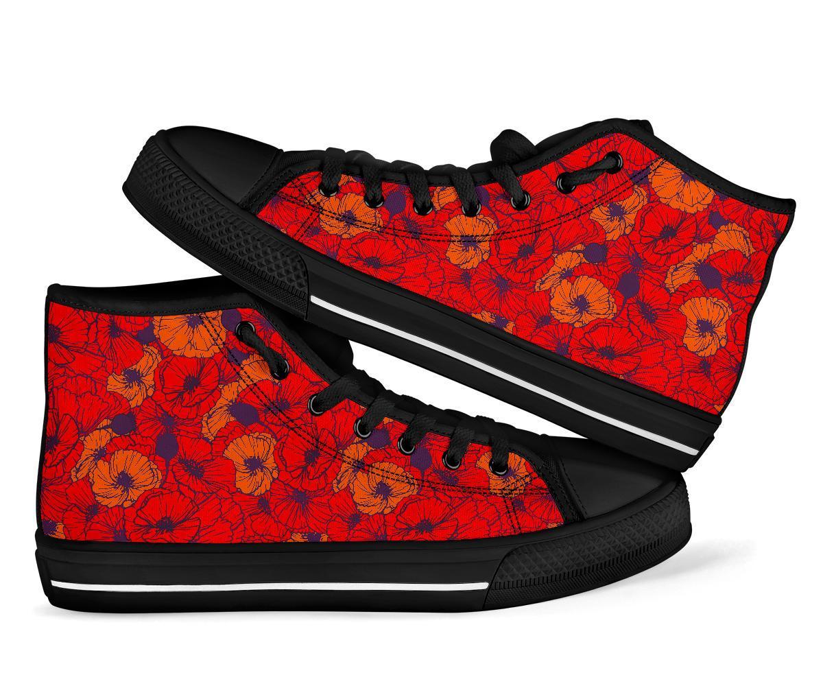 Red Poppy Floral Pattern Print Men Women's High Top Shoes-grizzshop