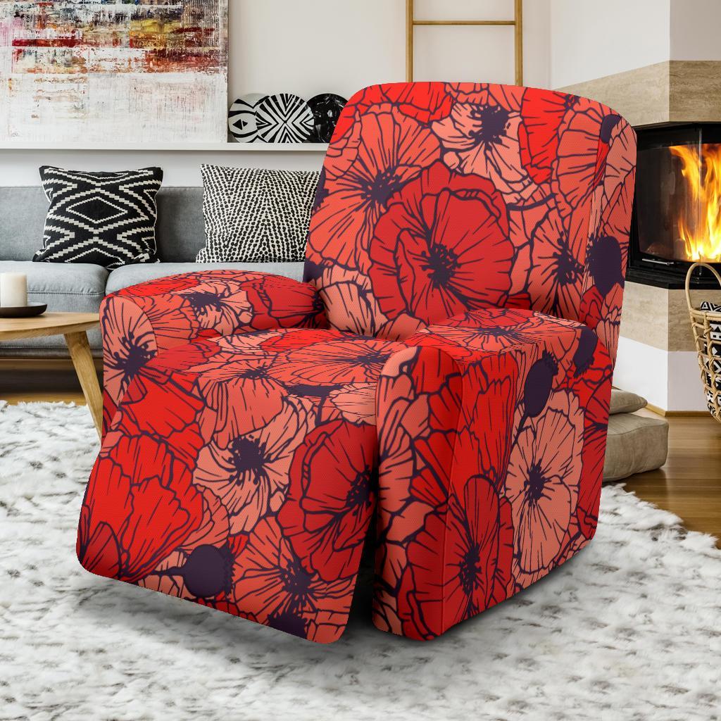 Red Poppy Floral Pattern Print Recliner Cover-grizzshop