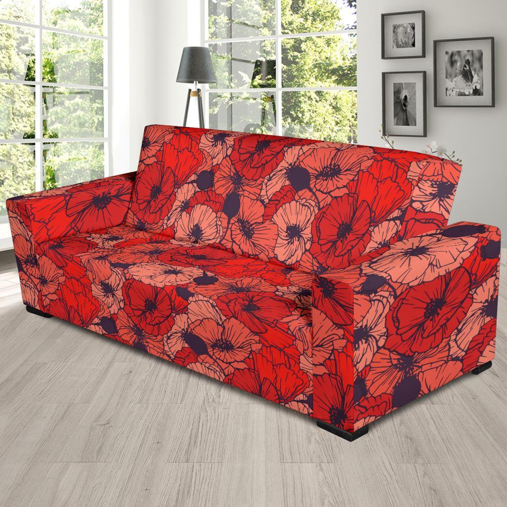 Red Poppy Floral Pattern Print Sofa Covers-grizzshop