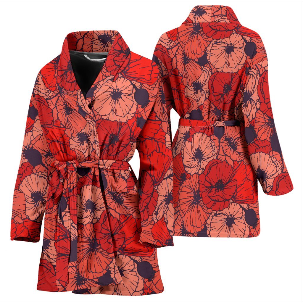 Red Poppy Floral Pattern Print Women Long Robe-grizzshop