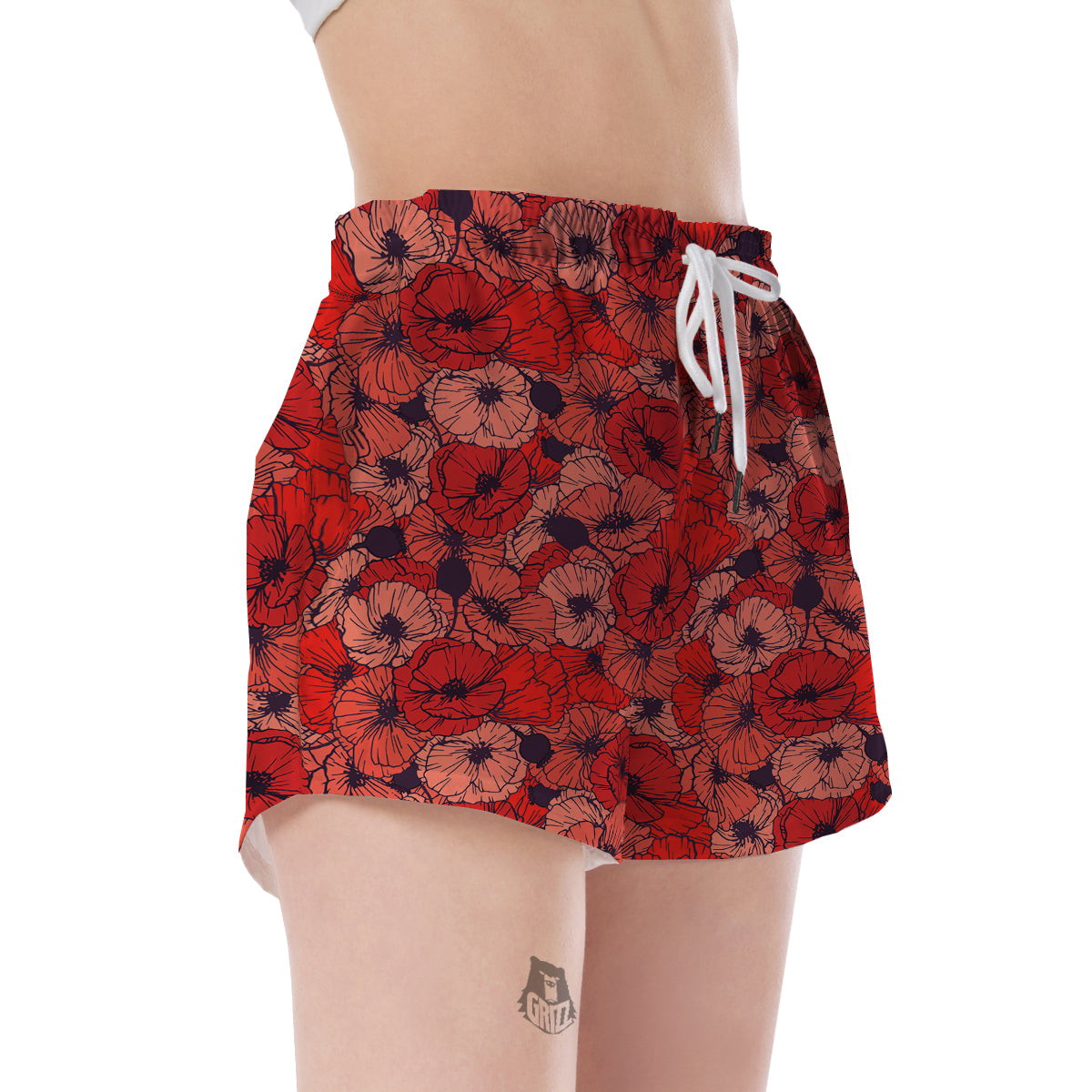 Red Poppy Floral Pattern Print Women's Shorts-grizzshop