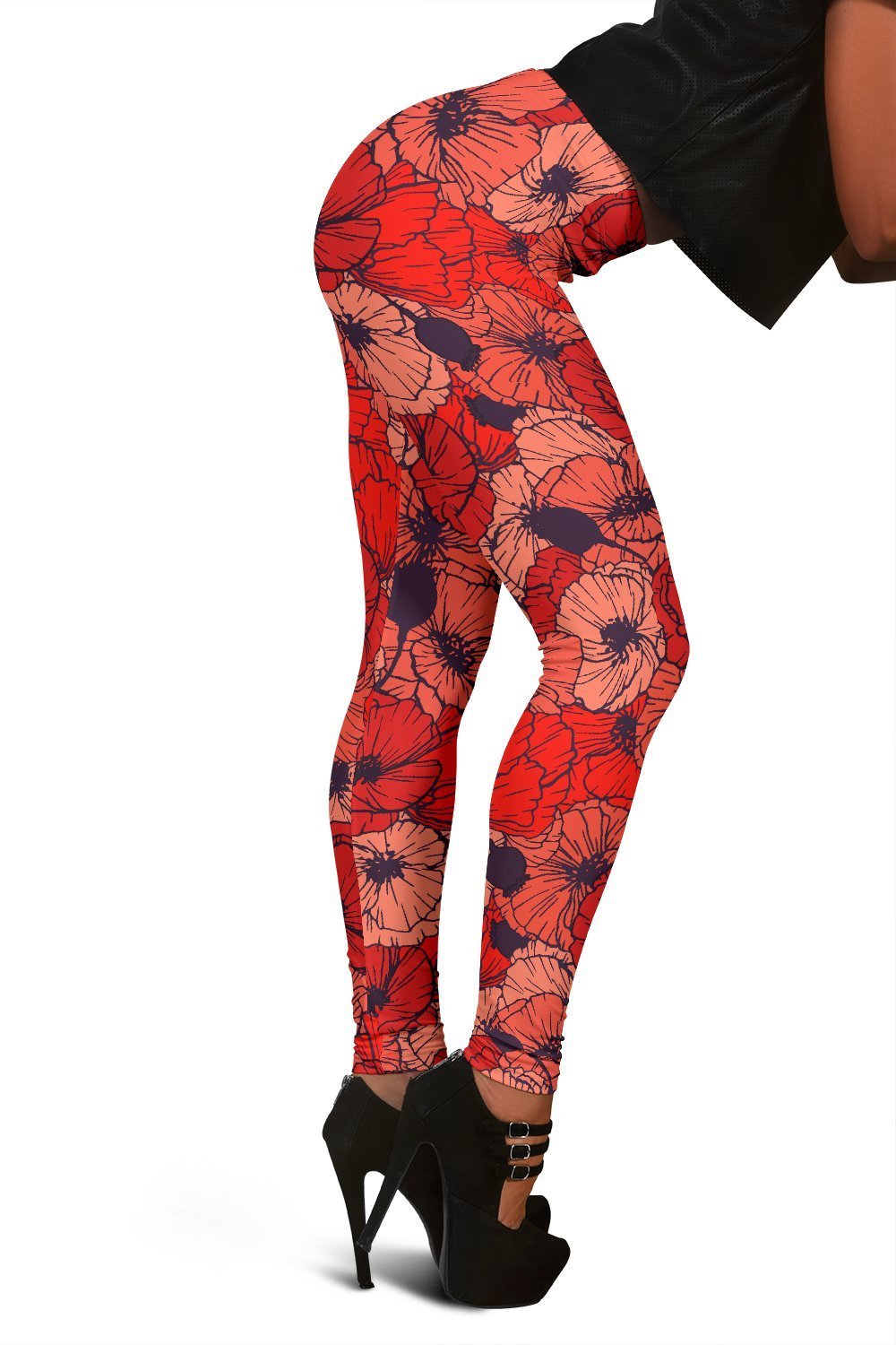 Red Poppy Floral Print Pattern Women Leggings-grizzshop