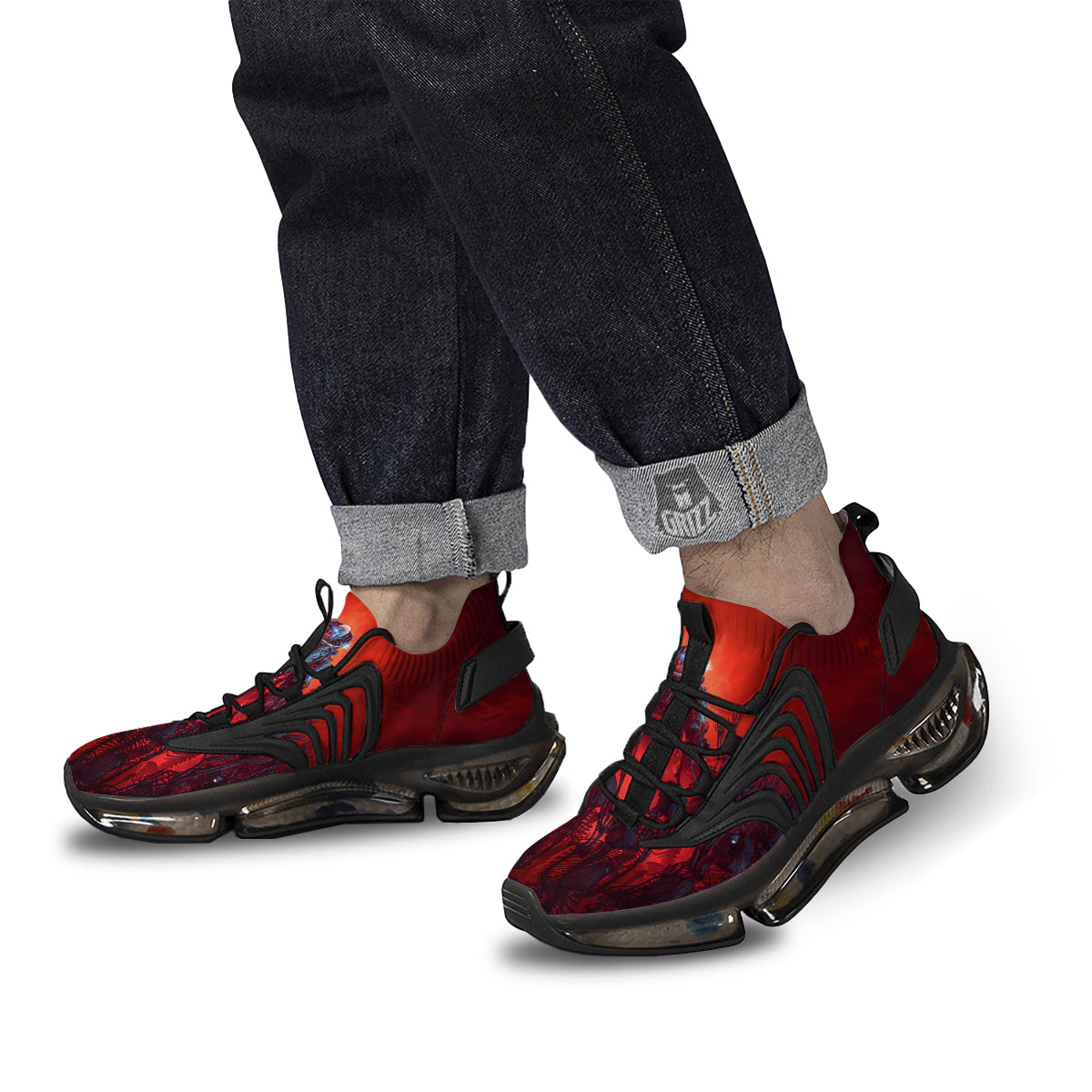 Red Robot And Skeleton Troop Print Black Gym Shoes-grizzshop