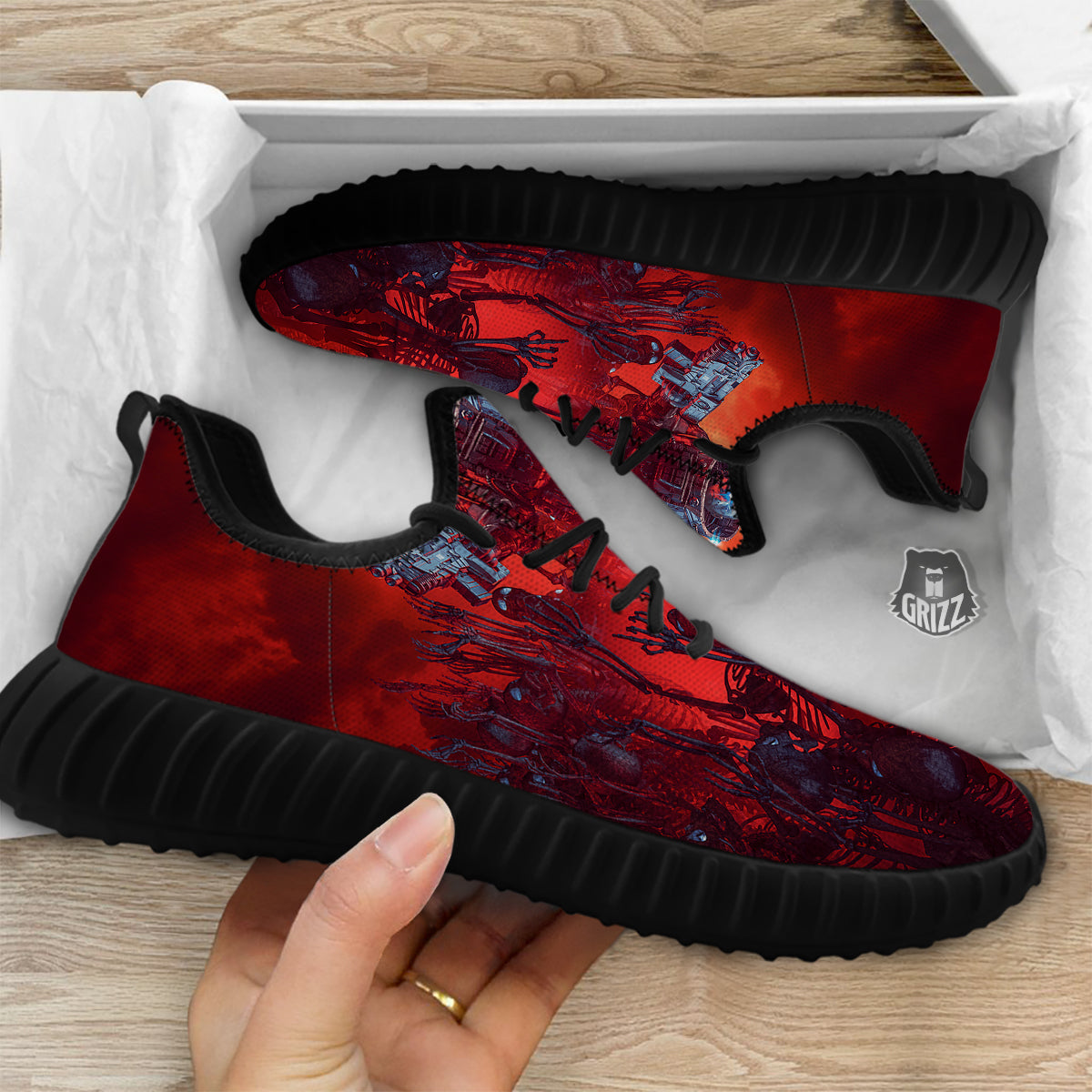 Red Robot And Skeleton Troop Print Black Walking Shoes-grizzshop