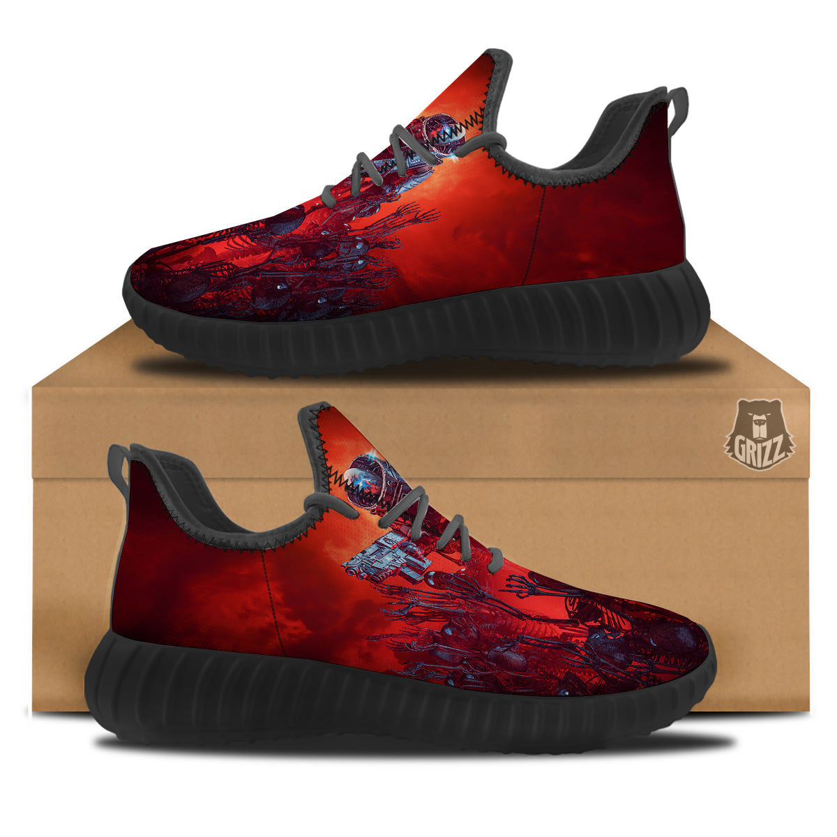 Red Robot And Skeleton Troop Print Black Walking Shoes-grizzshop