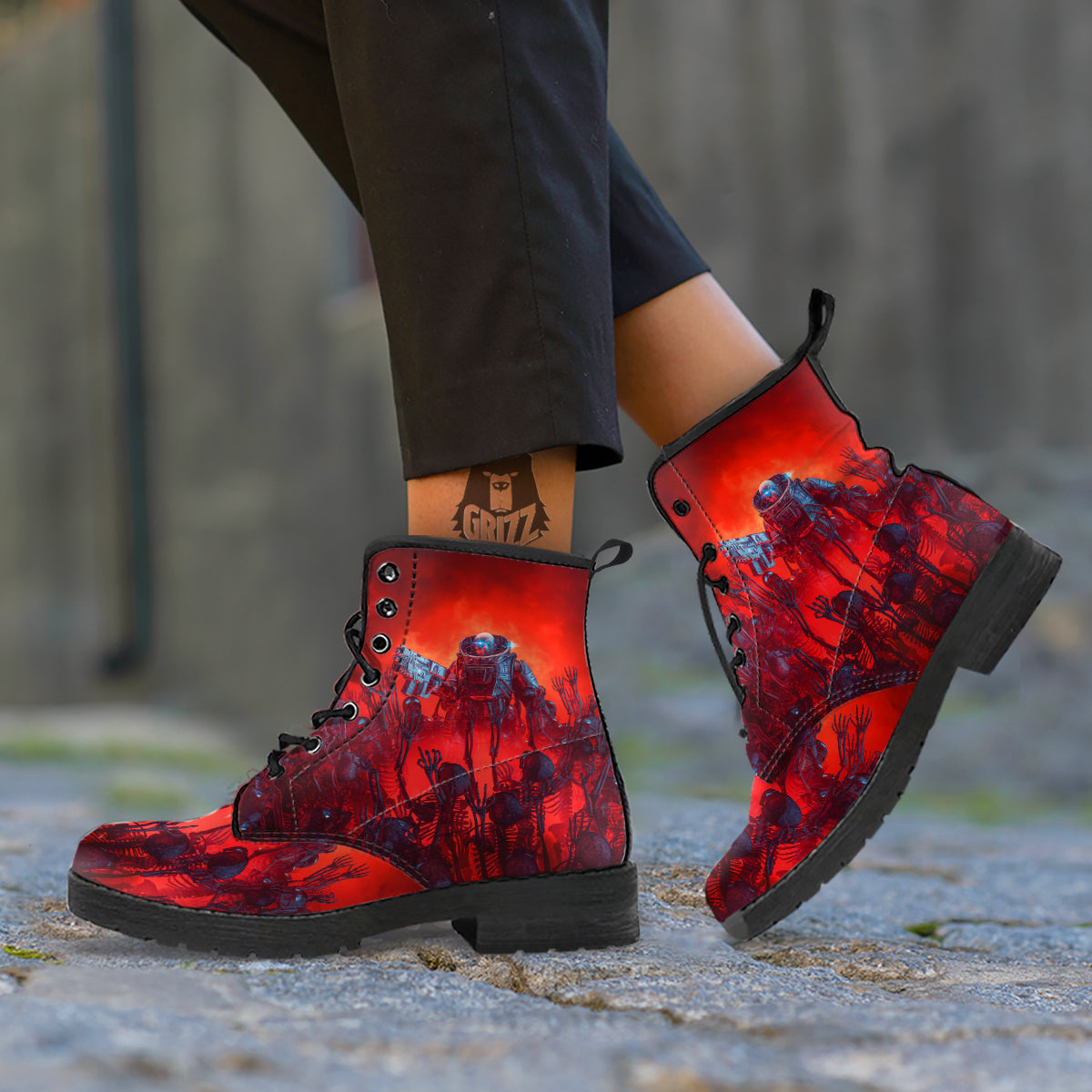 Red Robot And Skeleton Troop Print Leather Boots-grizzshop