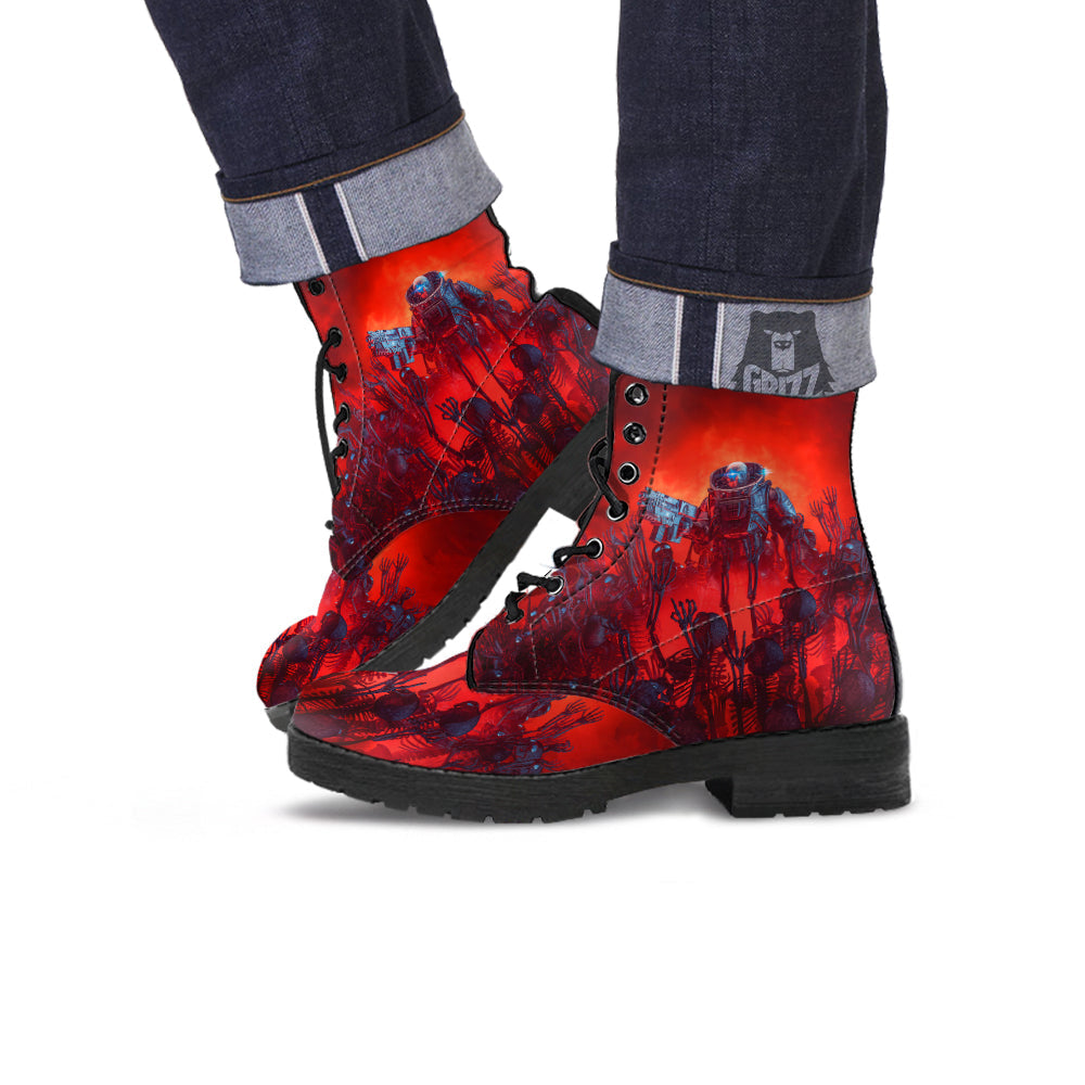 Red Robot And Skeleton Troop Print Leather Boots-grizzshop