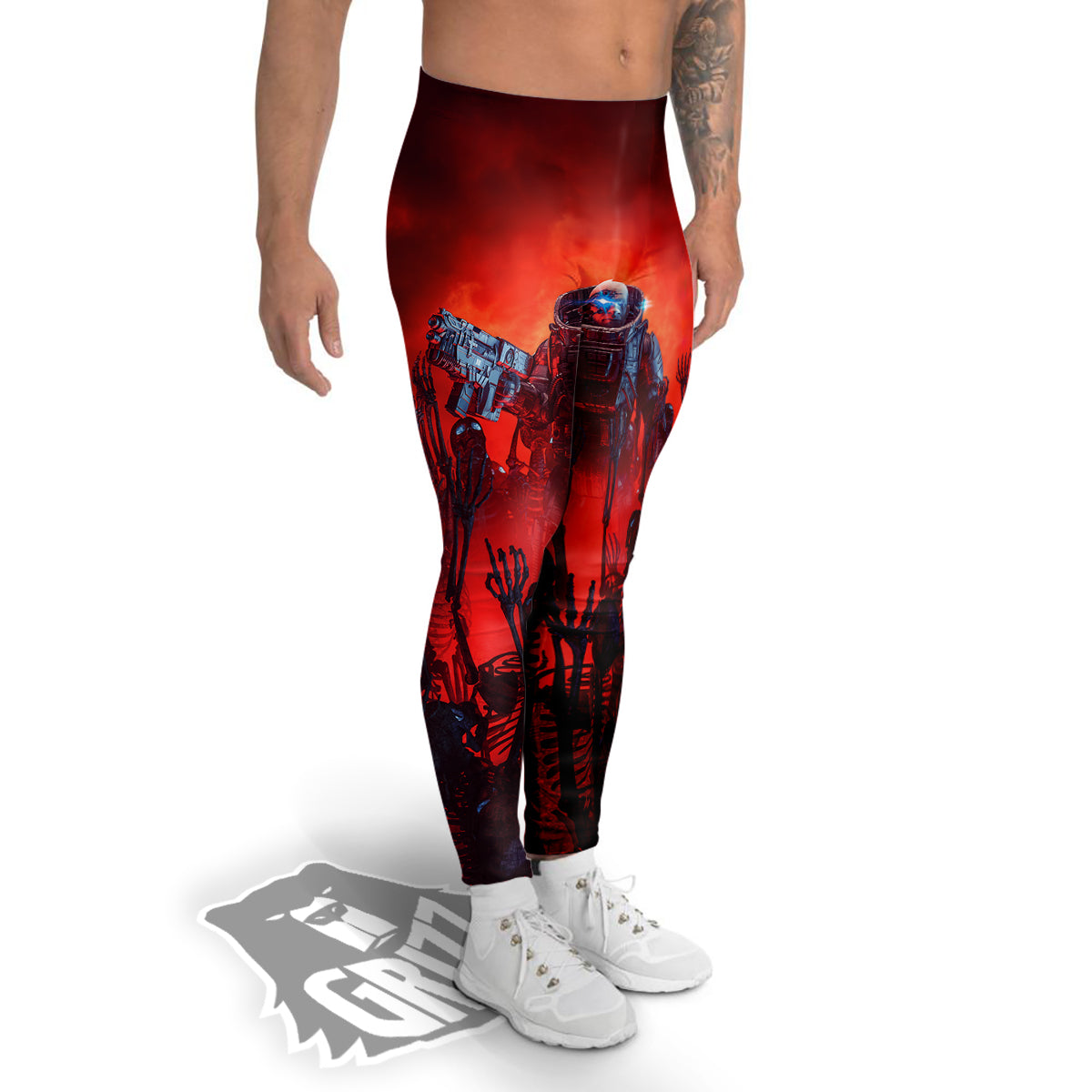 Red Robot And Skeleton Troop Print Men's Leggings-grizzshop