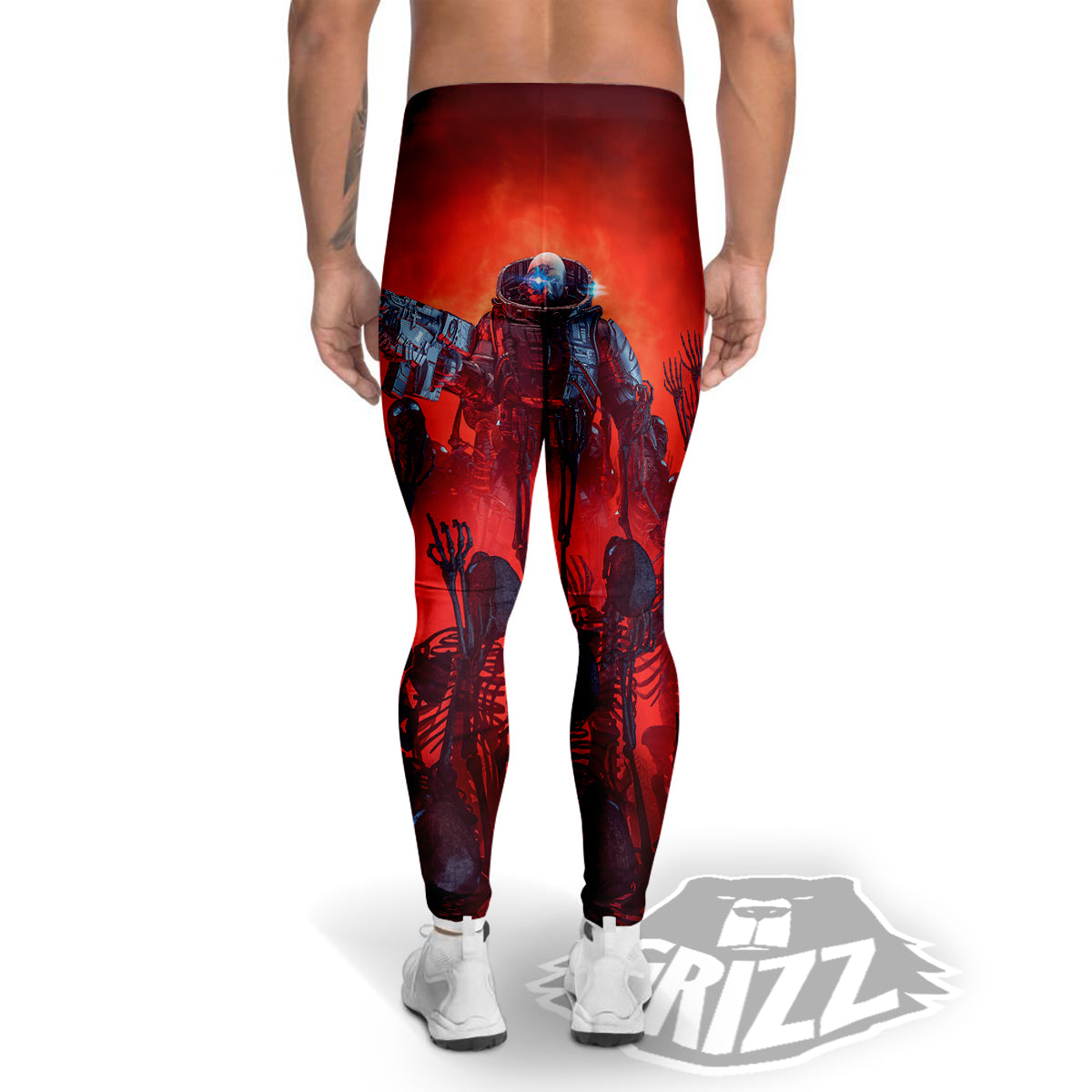 Red Robot And Skeleton Troop Print Men's Leggings-grizzshop