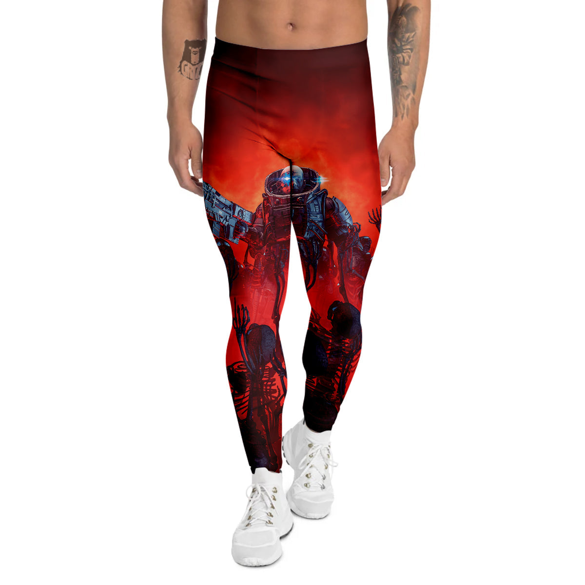 Red Robot And Skeleton Troop Print Men's Leggings-grizzshop